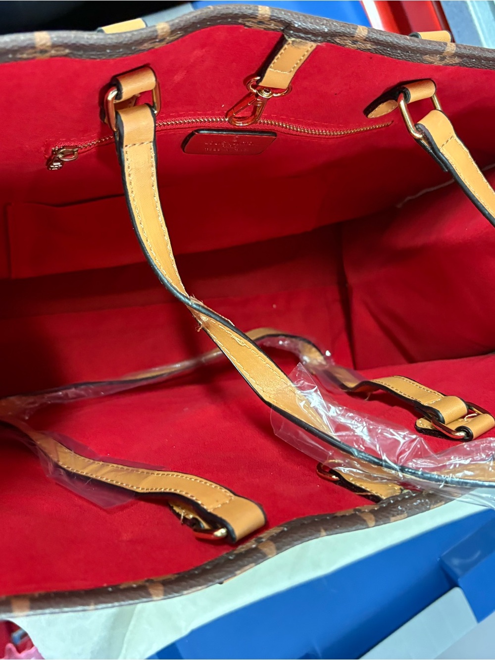 Source Unknown Red Suede Interior Tote with Tan Leather Handles